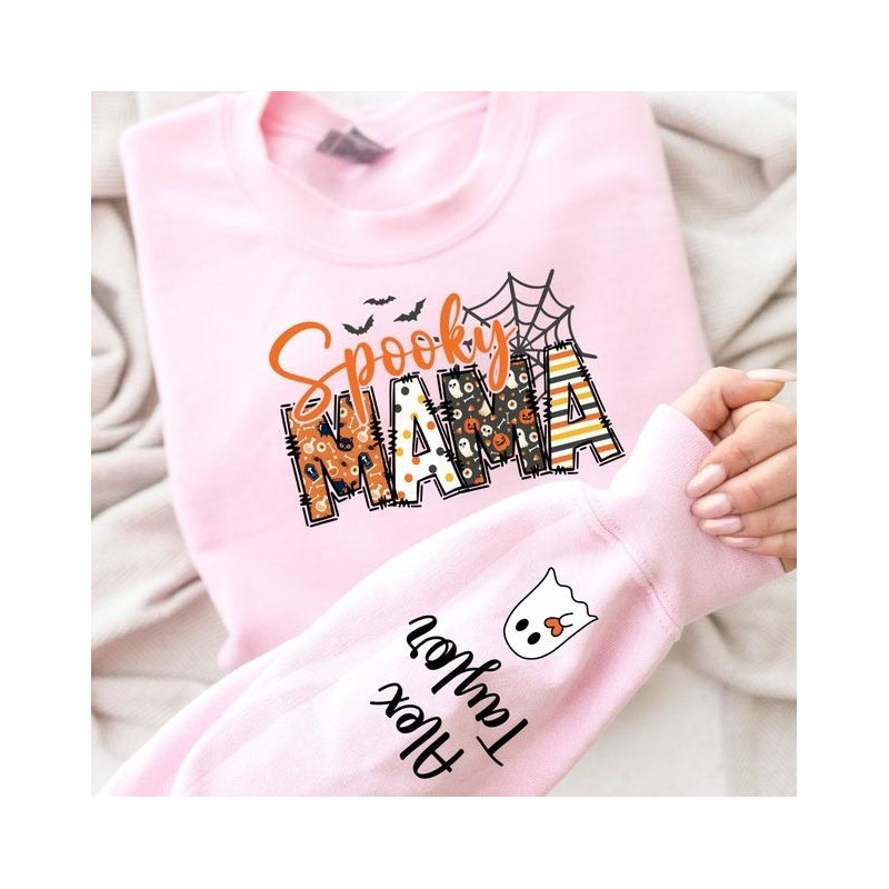 Custom Halloween Spooky Mama Sweatshirt with Kids Name on Sleeve Sweatshirt