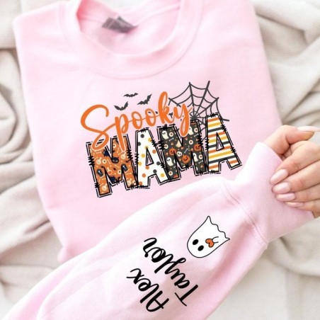 Custom Halloween Spooky Mama Sweatshirt with Kids Name on Sleeve Sweatshirt