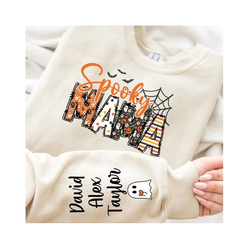 Custom Halloween Spooky Mama Sweatshirt with Kids Name on Sleeve Sweatshirt