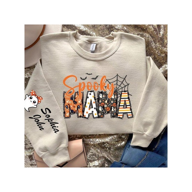 Custom Halloween Spooky Mama Sweatshirt with Kids Name on Sleeve Sweatshirt