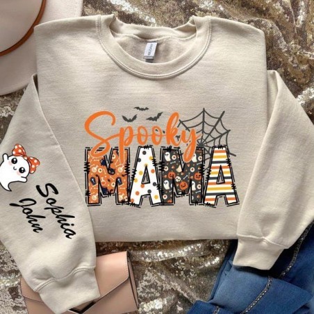 Custom Halloween Spooky Mama Sweatshirt with Kids Name on Sleeve Sweatshirt