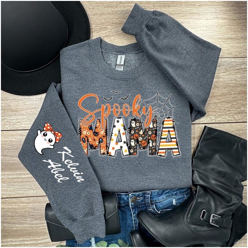 Custom Halloween Spooky Mama Sweatshirt with Kids Name on Sleeve Sweatshirt