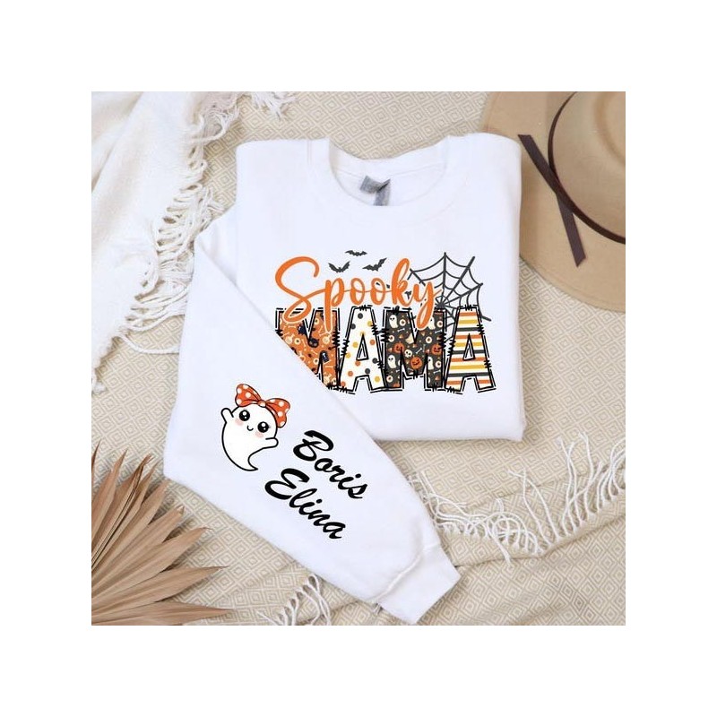 Custom Halloween Spooky Mama Sweatshirt with Kids Name on Sleeve Sweatshirt